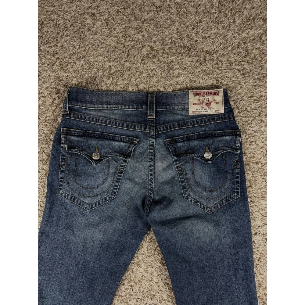 True Religion Jeans Men's 34 Straight Flap Brown Gold Stitching Blue Denim